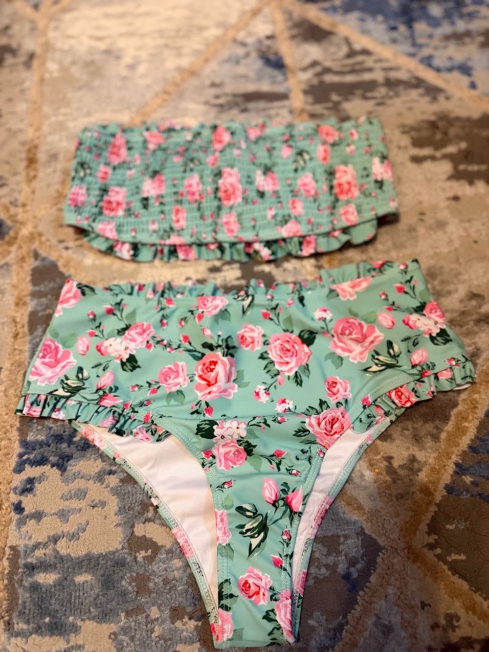 Floral Ruffle Bandeau Bikini Set - Mint Green and Pink